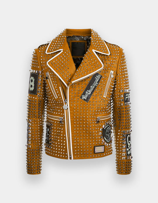 Men's Full Studded Embroidery Patches Leather Jacket, Biker-Jacke mit Nieten